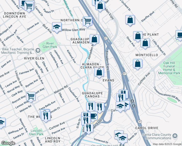 map of restaurants, bars, coffee shops, grocery stores, and more near 620 Almaden Walk Loop in San Jose