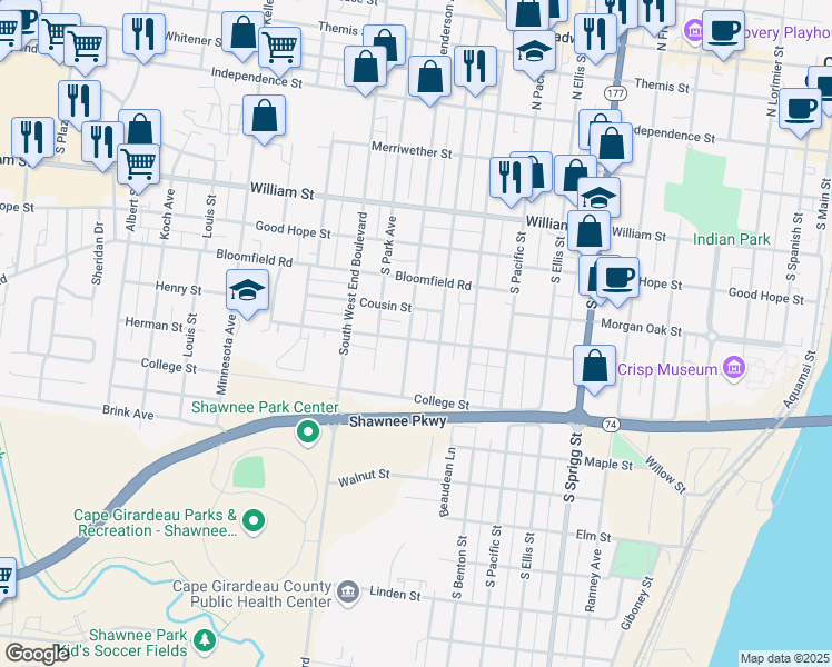 map of restaurants, bars, coffee shops, grocery stores, and more near 1124 Jefferson Avenue in Cape Girardeau