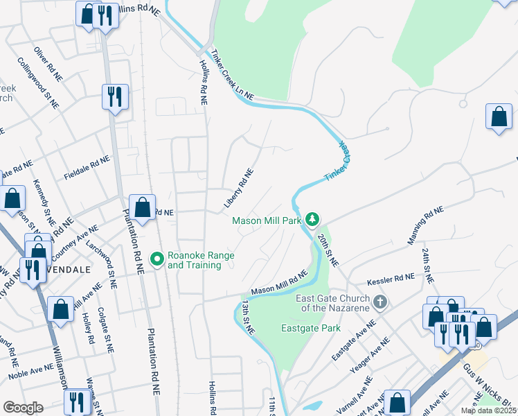 map of restaurants, bars, coffee shops, grocery stores, and more near 2609 Radford Road Northeast in Roanoke