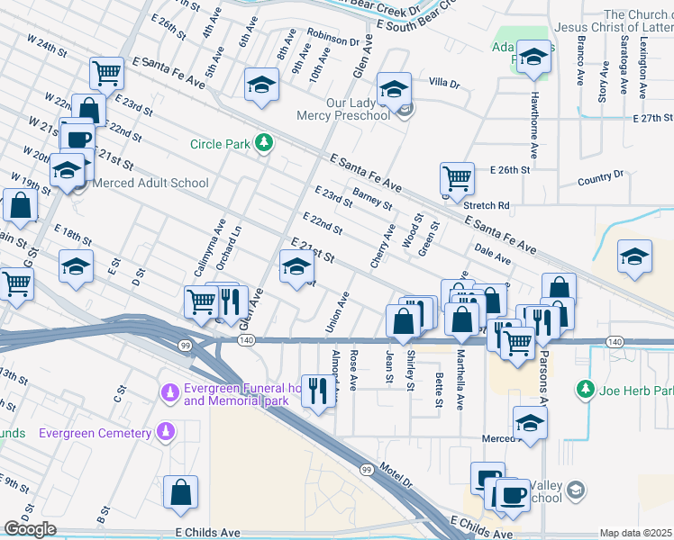 map of restaurants, bars, coffee shops, grocery stores, and more near 985 East 20th Street in Merced
