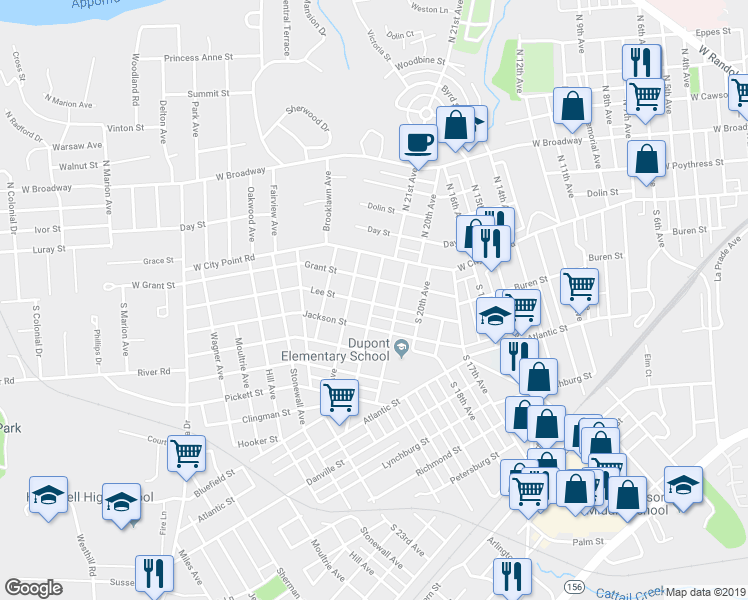 map of restaurants, bars, coffee shops, grocery stores, and more near 2201 Lee Street in Hopewell