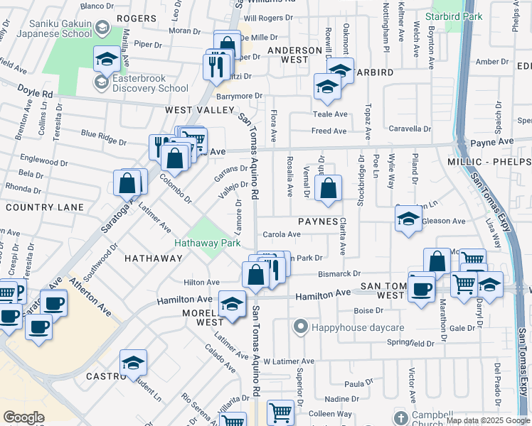 map of restaurants, bars, coffee shops, grocery stores, and more near 4179 Moreland Way in San Jose
