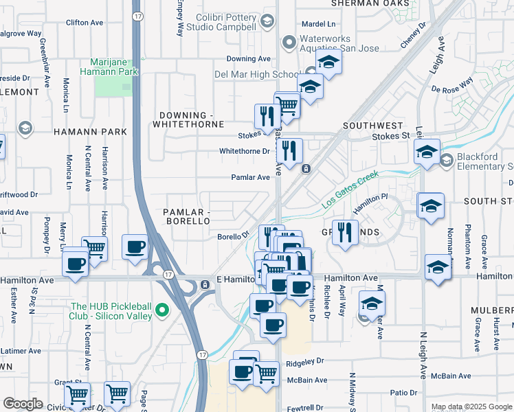 map of restaurants, bars, coffee shops, grocery stores, and more near 90 Quail Hollow Drive in San Jose