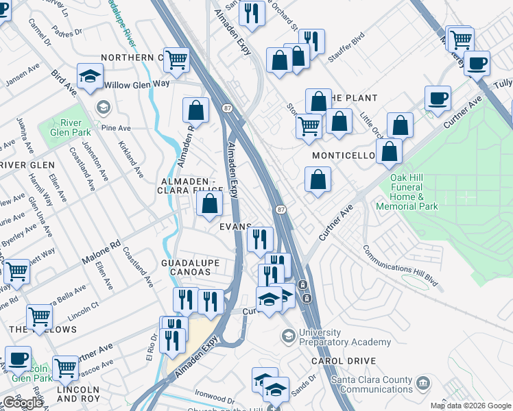 map of restaurants, bars, coffee shops, grocery stores, and more near 1850 Evans Lane in San Jose