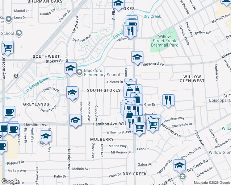 map of restaurants, bars, coffee shops, grocery stores, and more near 1516 San Ardo Drive in San Jose