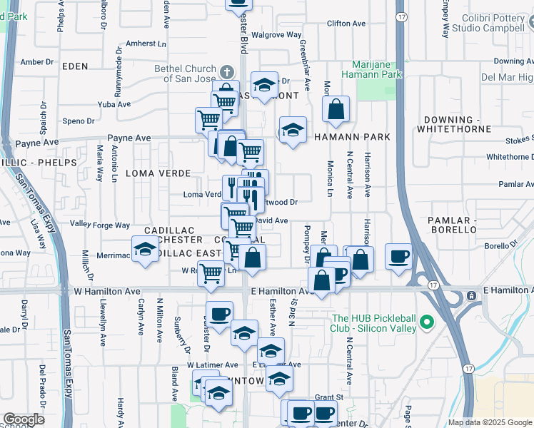 map of restaurants, bars, coffee shops, grocery stores, and more near 3054 David Avenue in San Jose