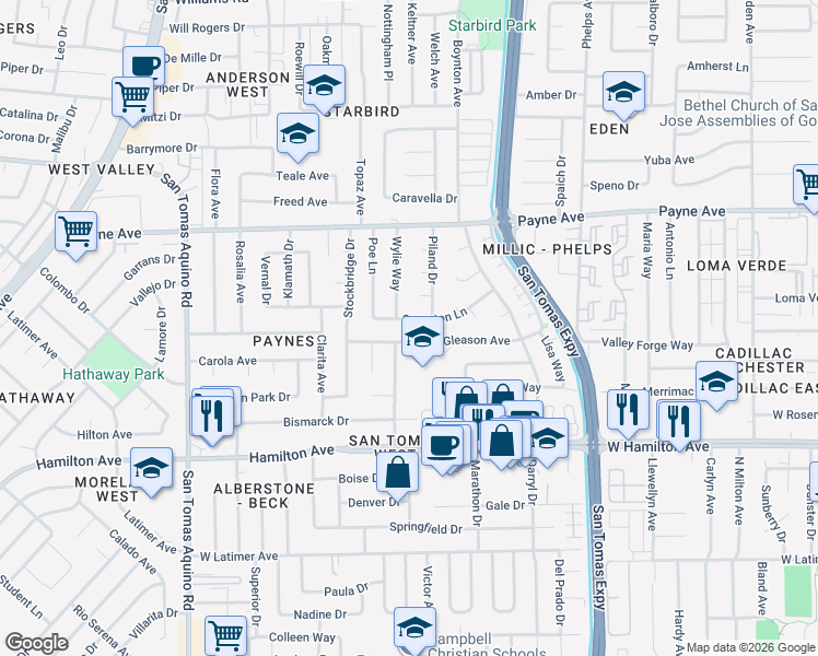 map of restaurants, bars, coffee shops, grocery stores, and more near 3755 Gleason Avenue in San Jose