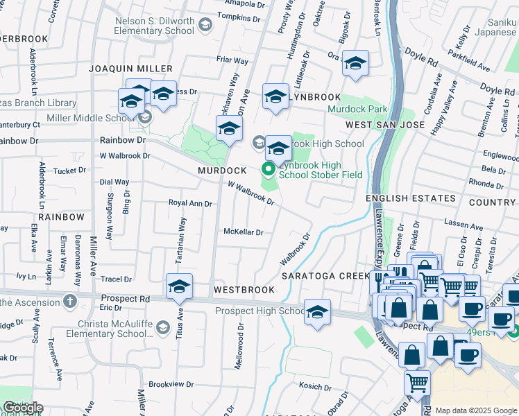 map of restaurants, bars, coffee shops, grocery stores, and more near 1379 Brookglen Drive in San Jose
