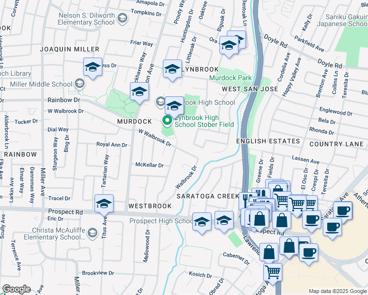 map of restaurants, bars, coffee shops, grocery stores, and more near 5635 West Walbrook Drive in San Jose