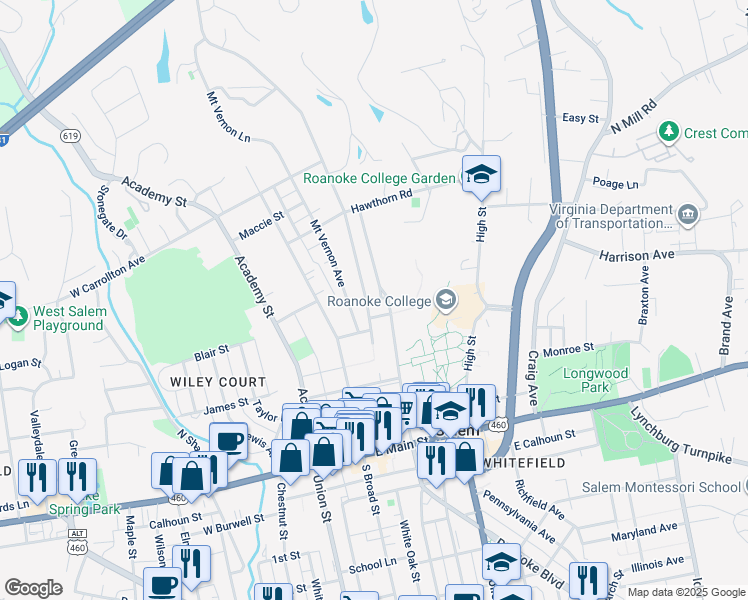 map of restaurants, bars, coffee shops, grocery stores, and more near 357 North Market Street in Salem