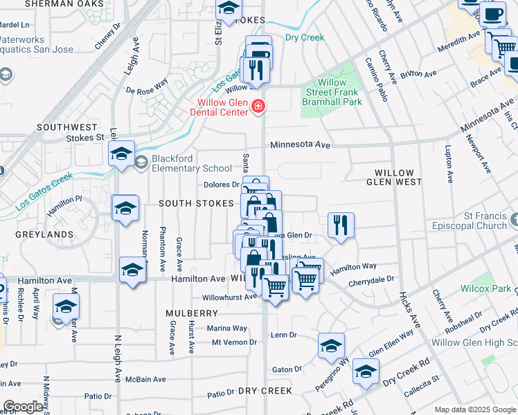 map of restaurants, bars, coffee shops, grocery stores, and more near 1607 Meridian Avenue in San Jose