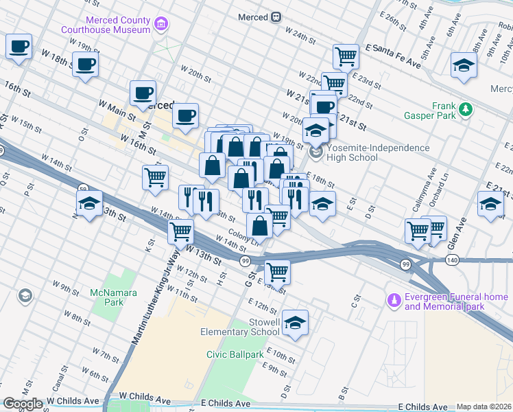 map of restaurants, bars, coffee shops, grocery stores, and more near 15 West 15th Street in Merced