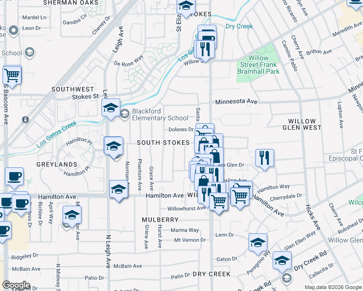 map of restaurants, bars, coffee shops, grocery stores, and more near 1516 San Ardo Drive in San Jose