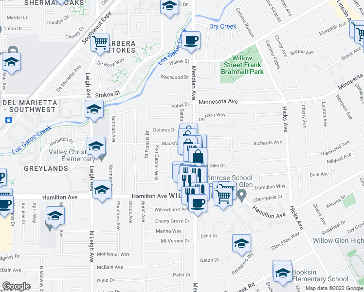 map of restaurants, bars, coffee shops, grocery stores, and more near 1607 Meridian Avenue in San Jose