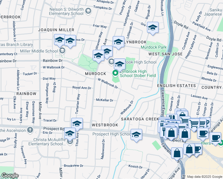 map of restaurants, bars, coffee shops, grocery stores, and more near 1379 Brookglen Drive in San Jose