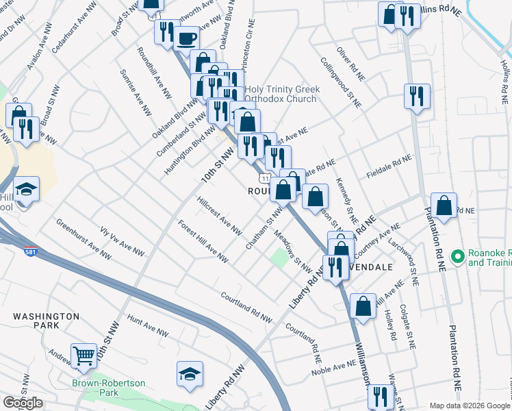 map of restaurants, bars, coffee shops, grocery stores, and more near 2703 Lyndhurst Street Northwest in Roanoke
