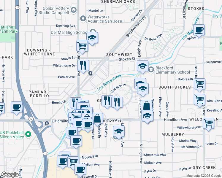 map of restaurants, bars, coffee shops, grocery stores, and more near 1374 Keenan Way in San Jose