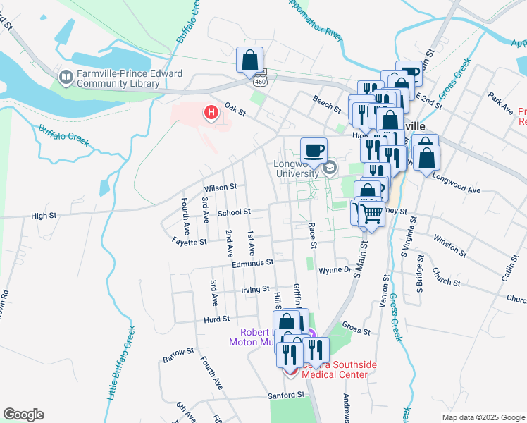 map of restaurants, bars, coffee shops, grocery stores, and more near 301 Hill Street in Farmville