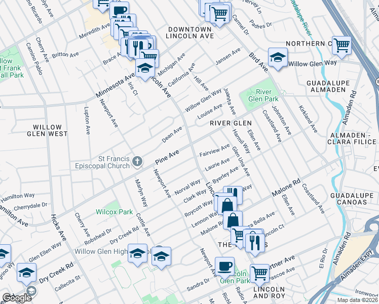 map of restaurants, bars, coffee shops, grocery stores, and more near 1725 Lincoln Avenue in San Jose