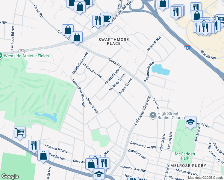 map of restaurants, bars, coffee shops, grocery stores, and more near 2828 Florida Avenue Northwest in Roanoke