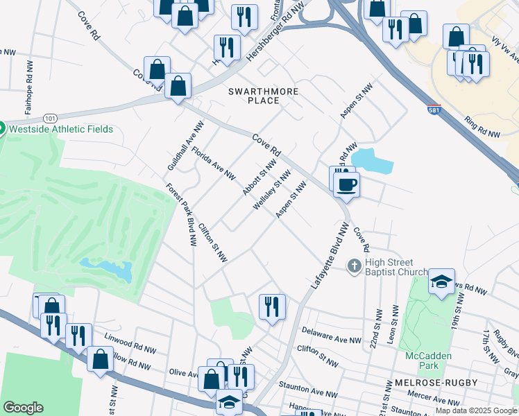 map of restaurants, bars, coffee shops, grocery stores, and more near 2828 Florida Avenue Northwest in Roanoke