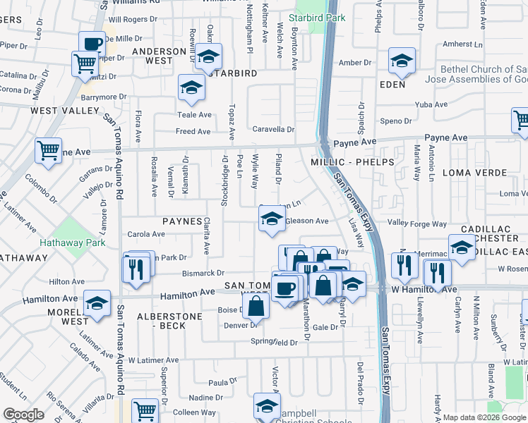map of restaurants, bars, coffee shops, grocery stores, and more near 3755 Gleason Avenue in San Jose