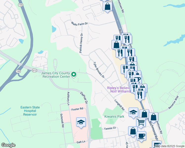 map of restaurants, bars, coffee shops, grocery stores, and more near 230 Longhill Road in Williamsburg