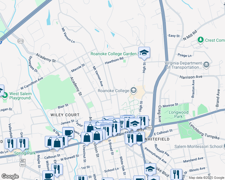map of restaurants, bars, coffee shops, grocery stores, and more near 357 North Market Street in Salem