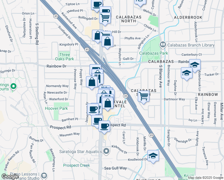 map of restaurants, bars, coffee shops, grocery stores, and more near 6910 Chantel Court in San Jose