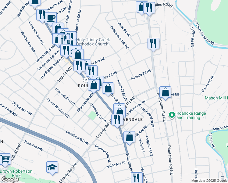 map of restaurants, bars, coffee shops, grocery stores, and more near 2739 Edison Street Northeast in Roanoke