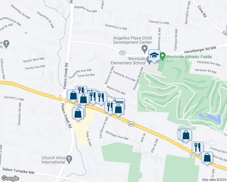 map of restaurants, bars, coffee shops, grocery stores, and more near 4014 Maine Avenue Northwest in Roanoke