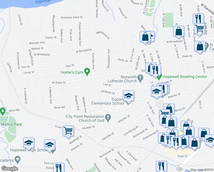map of restaurants, bars, coffee shops, grocery stores, and more near 2414 Lee Street in Hopewell