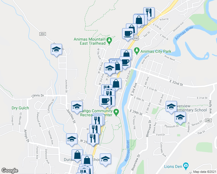 map of restaurants, bars, coffee shops, grocery stores, and more near 131 West 30th Street in Durango