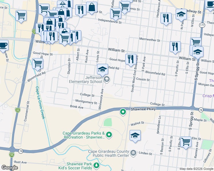 map of restaurants, bars, coffee shops, grocery stores, and more near 520 South Missouri Avenue in Cape Girardeau