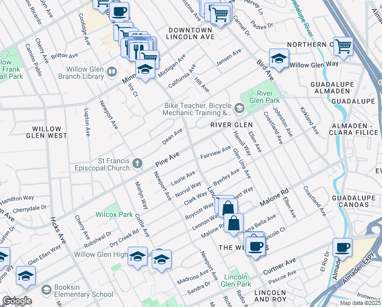 map of restaurants, bars, coffee shops, grocery stores, and more near 1725 Lincoln Avenue in San Jose