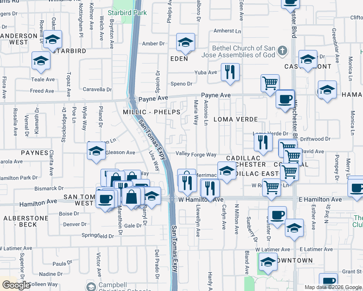 map of restaurants, bars, coffee shops, grocery stores, and more near 1466 Woodgrove Square in San Jose