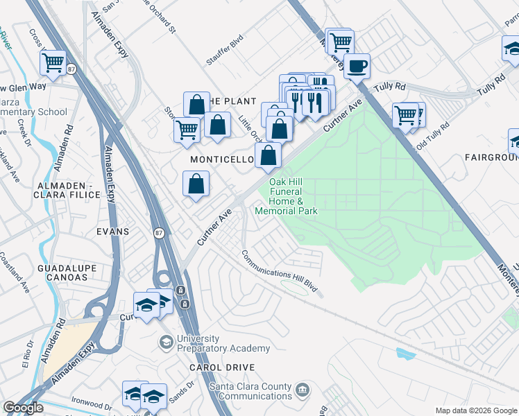map of restaurants, bars, coffee shops, grocery stores, and more near 2279 Golden Crest Common in San Jose