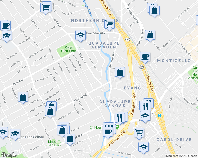 map of restaurants, bars, coffee shops, grocery stores, and more near 814 Creek Drive in San Jose