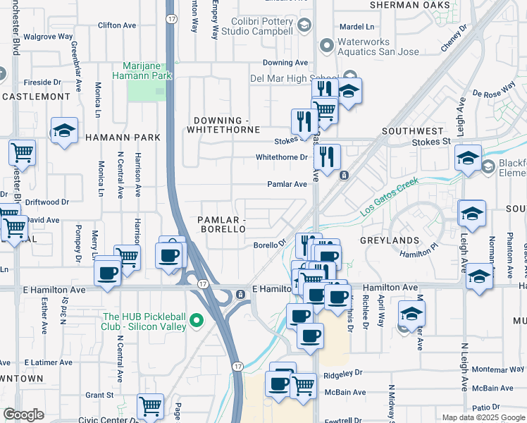 map of restaurants, bars, coffee shops, grocery stores, and more near 48 Quail Hollow Drive in San Jose