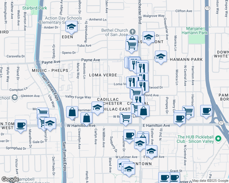 map of restaurants, bars, coffee shops, grocery stores, and more near 3208 Williamsburg Drive in San Jose