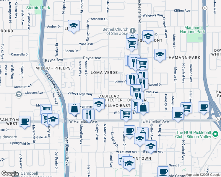 map of restaurants, bars, coffee shops, grocery stores, and more near 1483 Eden Avenue in San Jose