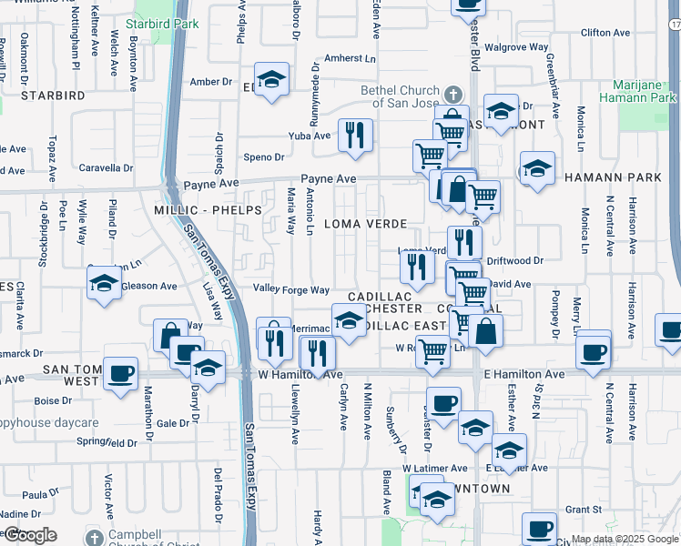 map of restaurants, bars, coffee shops, grocery stores, and more near 1469 Lexington Drive in San Jose