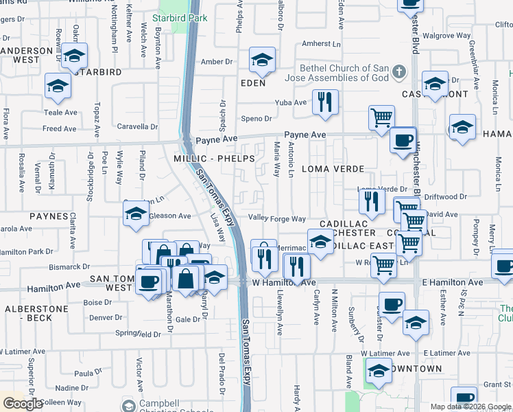 map of restaurants, bars, coffee shops, grocery stores, and more near 1466 Woodgrove Square in San Jose