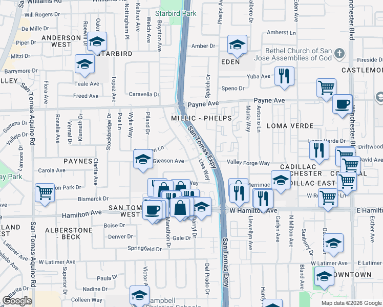 map of restaurants, bars, coffee shops, grocery stores, and more near 3590 Gleason Avenue in San Jose
