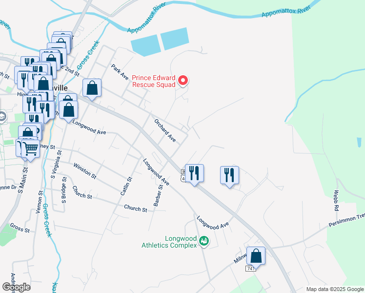 map of restaurants, bars, coffee shops, grocery stores, and more near 304 Cedar Avenue in Farmville