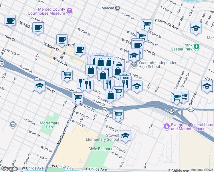 map of restaurants, bars, coffee shops, grocery stores, and more near 15 West 15th Street in Merced