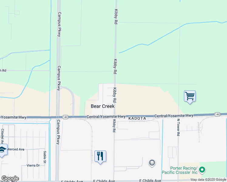 map of restaurants, bars, coffee shops, grocery stores, and more near 661 Kibby Road in Merced