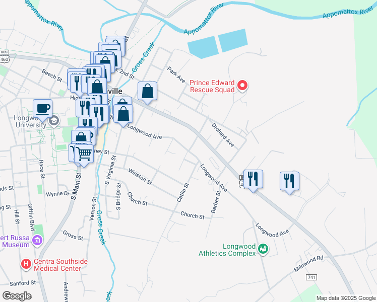map of restaurants, bars, coffee shops, grocery stores, and more near 100 Vaughan Street in Farmville