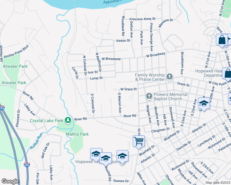 map of restaurants, bars, coffee shops, grocery stores, and more near 3102 West Grant Street in Hopewell