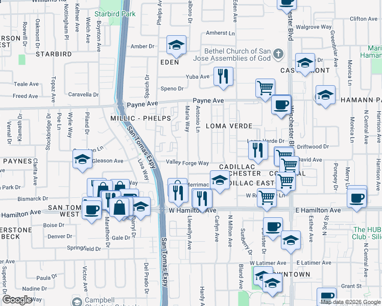 map of restaurants, bars, coffee shops, grocery stores, and more near 1467 Maria Way in San Jose